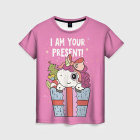 Женская футболка 3D с принтом I am your Present , 100% полиэфир ( синтетическое хлопкоподобное полотно) | прямой крой, круглый вырез горловины, длина до линии бедер | 202 | christmas | new year | unicorn | гирлянда | единорог | елка | новый год | подарок | праздник | рождество