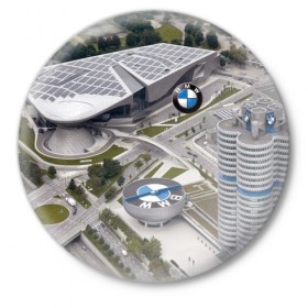 Значок с принтом BMW city ,  металл | круглая форма, металлическая застежка в виде булавки | bmw | buildings | city | germany | munich | prestige | бмв | германия | город | здания | мюнхен | престиж