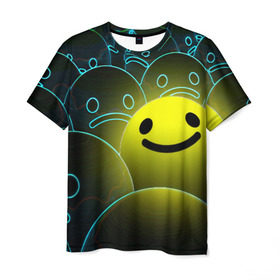 Мужская футболка 3D с принтом НЕОНОВЫЕ СМАЙЛЫ , 100% полиэфир | прямой крой, круглый вырез горловины, длина до линии бедер | emoji | настроение | позитив | смайлики | смайлы | стикеры | текстура смайл | улыбки | фон смайл | эмодзи