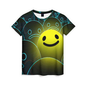 Женская футболка 3D с принтом НЕОНОВЫЕ СМАЙЛЫ , 100% полиэфир ( синтетическое хлопкоподобное полотно) | прямой крой, круглый вырез горловины, длина до линии бедер | emoji | настроение | позитив | смайлики | смайлы | стикеры | текстура смайл | улыбки | фон смайл | эмодзи