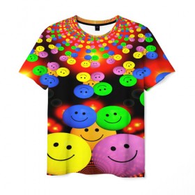 Мужская футболка 3D с принтом ЦВЕТНЫЕ СМАЙЛИКИ , 100% полиэфир | прямой крой, круглый вырез горловины, длина до линии бедер | emoji | настроение | позитив | смайлики | смайлы | стикеры | текстура смайл | улыбки | фон смайл | эмодзи