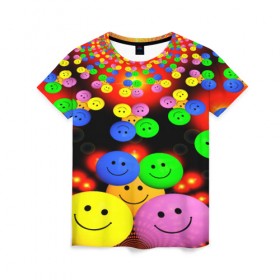 Женская футболка 3D с принтом ЦВЕТНЫЕ СМАЙЛИКИ , 100% полиэфир ( синтетическое хлопкоподобное полотно) | прямой крой, круглый вырез горловины, длина до линии бедер | emoji | настроение | позитив | смайлики | смайлы | стикеры | текстура смайл | улыбки | фон смайл | эмодзи