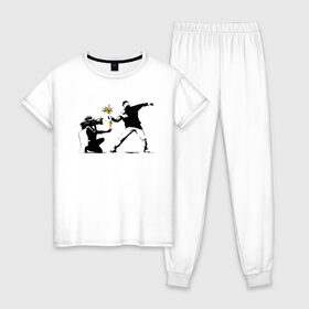 Женская пижама хлопок с принтом Banksy , 100% хлопок | брюки и футболка прямого кроя, без карманов, на брюках мягкая резинка на поясе и по низу штанин | art | banksy | street | street art | арт | бэнкси | стрит | стрит арт