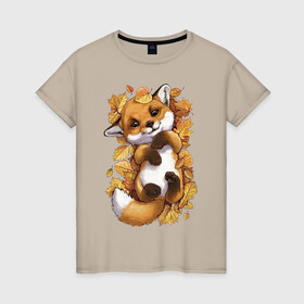Женская футболка хлопок с принтом Осенний лисёнок , 100% хлопок | прямой крой, круглый вырез горловины, длина до линии бедер, слегка спущенное плечо | fox | лис | лиса | лисёнок | лисичка | листва | листья | осень | рыжая