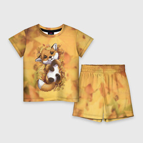 Детский костюм с шортами 3D с принтом Осенний лисёнок ,  |  | fox | лис | лиса | лисёнок | лисичка | листва | листья | осень | рыжая
