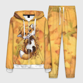 Мужской костюм 3D с принтом Осенний лисёнок , 100% полиэстер | Манжеты и пояс оформлены тканевой резинкой, двухслойный капюшон со шнурком для регулировки, карманы спереди | fox | лис | лиса | лисёнок | лисичка | листва | листья | осень | рыжая