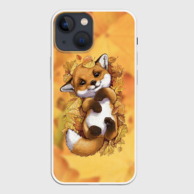 Чехол для iPhone 13 mini с принтом Осенний лисёнок ,  |  | fox | лис | лиса | лисёнок | лисичка | листва | листья | осень | рыжая