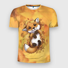 Мужская футболка 3D спортивная с принтом Осенний лисёнок , 100% полиэстер с улучшенными характеристиками | приталенный силуэт, круглая горловина, широкие плечи, сужается к линии бедра | Тематика изображения на принте: fox | лис | лиса | лисёнок | лисичка | листва | листья | осень | рыжая