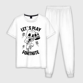 Мужская пижама хлопок с принтом FORTNITE x MARSHMELLO , 100% хлопок | брюки и футболка прямого кроя, без карманов, на брюках мягкая резинка на поясе и по низу штанин
 | fortnite | fortnite 2 | fortnite x | marshmello | ninja | ninja hyper streamer | ninja streamer | streamer | tyler blevins | маршмелло | ниндзя | фортнайт | фортнайт 2 | фортнайт глава 2