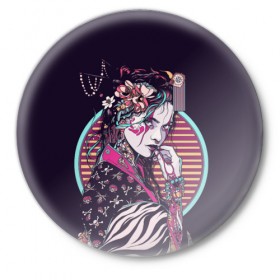 Значок с принтом Гейша ,  металл | круглая форма, металлическая застежка в виде булавки | Тематика изображения на принте: девушка | рисунок | япония