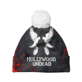 Шапка 3D c помпоном с принтом HOLLYWOOD UNDEAD , 100% полиэстер | универсальный размер, печать по всей поверхности изделия | 