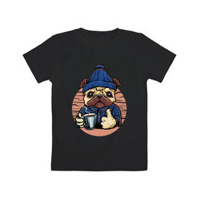 Детская футболка хлопок с принтом Мопс с кофе , 100% хлопок | круглый вырез горловины, полуприлегающий силуэт, длина до линии бедер | Тематика изображения на принте: cofe | coffe | coffee | кофе | кофеин | мопс