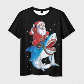 Мужская футболка 3D с принтом Санта и акула , 100% полиэфир | прямой крой, круглый вырез горловины, длина до линии бедер | bells | christmas | claus | jingle | merry | santa | vevo | год | дед | клаус | мороз | новый | олени | олень | рождество | санта | снеговик | снежинки | узор