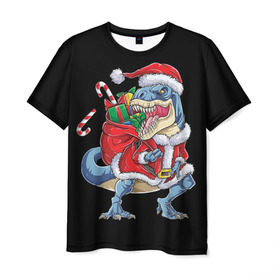 Мужская футболка 3D с принтом Santa dinosaur , 100% полиэфир | прямой крой, круглый вырез горловины, длина до линии бедер | Тематика изображения на принте: 
