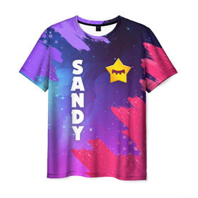 Мужская футболка 3D с принтом BRAWL STARS - SANDY , 100% полиэфир | прямой крой, круглый вырез горловины, длина до линии бедер | brawl | bull | colt | crow | game | games | leon | online | penny | poco | sandy | shelly | spike | star | stars | wanted | брав | бравл | браво | звезда | звезды | игра | игры | лого | онлайн | сенди | старс | сэнди
