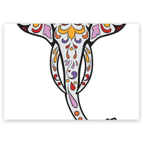 Поздравительная открытка с принтом Слон - сахарный череп , 100% бумага | плотность бумаги 280 г/м2, матовая, на обратной стороне линовка и место для марки
 | day of the dead | голова слона   сахарный череп | дня мертвых | мексиканский череп | розами | сердцем. дизайн для хэллоуина | украшенный цветами