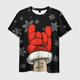 Мужская футболка 3D с принтом Рок Дед Мороз , 100% полиэфир | прямой крой, круглый вырез горловины, длина до линии бедер | happy new year | santa | дед мороз | каникулы | мороз | новогодний свитер | новый год | оливье | праздник | рождество | санта клаус | свитер новогодний | снег | снегурочка | снежинки