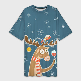 Платье-футболка 3D с принтом Праздничный Олень ,  |  | happy new year | santa | дед мороз | каникулы | мороз | новогодний свитер | новый год | оливье | праздник | рождество | санта клаус | свитер новогодний | снег | снегурочка | снежинки