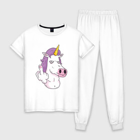 Женская пижама хлопок с принтом Злой Единорог , 100% хлопок | брюки и футболка прямого кроя, без карманов, на брюках мягкая резинка на поясе и по низу штанин | angry | angry unicorn | unicorn | единорог | злой | злой единорог | радуга