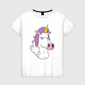 Женская футболка хлопок с принтом Злой Единорог , 100% хлопок | прямой крой, круглый вырез горловины, длина до линии бедер, слегка спущенное плечо | angry | angry unicorn | unicorn | единорог | злой | злой единорог | радуга