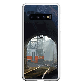 Чехол для Samsung Galaxy S10 с принтом Трамвай , Силикон | Область печати: задняя сторона чехла, без боковых панелей | rails | railway | tram | trees | tunnel | деревья | железная дорога | рельсы | тоннель | трамвай