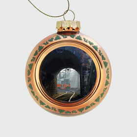 Стеклянный ёлочный шар с принтом Трамвай , Стекло | Диаметр: 80 мм | rails | railway | tram | trees | tunnel | деревья | железная дорога | рельсы | тоннель | трамвай