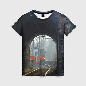 Женская футболка 3D с принтом Трамвай , 100% полиэфир ( синтетическое хлопкоподобное полотно) | прямой крой, круглый вырез горловины, длина до линии бедер | rails | railway | tram | trees | tunnel | деревья | железная дорога | рельсы | тоннель | трамвай