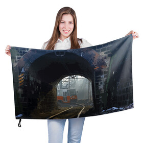Флаг 3D с принтом Трамвай , 100% полиэстер | плотность ткани — 95 г/м2, размер — 67 х 109 см. Принт наносится с одной стороны | rails | railway | tram | trees | tunnel | деревья | железная дорога | рельсы | тоннель | трамвай