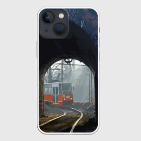 Чехол для iPhone 13 mini с принтом Трамвай ,  |  | Тематика изображения на принте: rails | railway | tram | trees | tunnel | деревья | железная дорога | рельсы | тоннель | трамвай