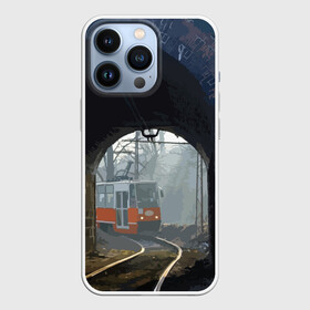 Чехол для iPhone 13 Pro с принтом Трамвай ,  |  | Тематика изображения на принте: rails | railway | tram | trees | tunnel | деревья | железная дорога | рельсы | тоннель | трамвай