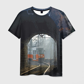 Мужская футболка 3D с принтом Трамвай , 100% полиэфир | прямой крой, круглый вырез горловины, длина до линии бедер | rails | railway | tram | trees | tunnel | деревья | железная дорога | рельсы | тоннель | трамвай