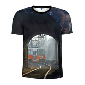 Мужская футболка 3D спортивная с принтом Трамвай , 100% полиэстер с улучшенными характеристиками | приталенный силуэт, круглая горловина, широкие плечи, сужается к линии бедра | rails | railway | tram | trees | tunnel | деревья | железная дорога | рельсы | тоннель | трамвай