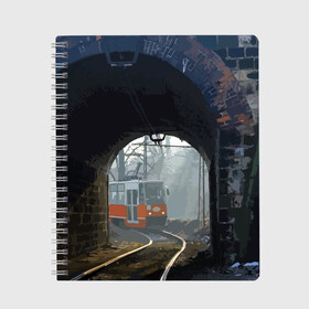Тетрадь с принтом Трамвай , 100% бумага | 48 листов, плотность листов — 60 г/м2, плотность картонной обложки — 250 г/м2. Листы скреплены сбоку удобной пружинной спиралью. Уголки страниц и обложки скругленные. Цвет линий — светло-серый
 | rails | railway | tram | trees | tunnel | деревья | железная дорога | рельсы | тоннель | трамвай