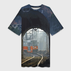 Платье-футболка 3D с принтом Трамвай ,  |  | rails | railway | tram | trees | tunnel | деревья | железная дорога | рельсы | тоннель | трамвай