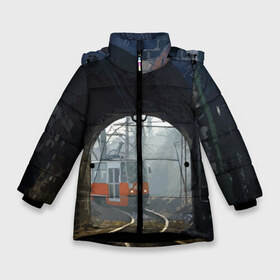 Зимняя куртка для девочек 3D с принтом Трамвай , ткань верха — 100% полиэстер; подклад — 100% полиэстер, утеплитель — 100% полиэстер. | длина ниже бедра, удлиненная спинка, воротник стойка и отстегивающийся капюшон. Есть боковые карманы с листочкой на кнопках, утяжки по низу изделия и внутренний карман на молнии. 

Предусмотрены светоотражающий принт на спинке, радужный светоотражающий элемент на пуллере молнии и на резинке для утяжки. | rails | railway | tram | trees | tunnel | деревья | железная дорога | рельсы | тоннель | трамвай