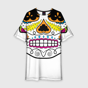 Детское платье 3D с принтом Мексиканский череп - Skull , 100% полиэстер | прямой силуэт, чуть расширенный к низу. Круглая горловина, на рукавах — воланы | calavera | day of the dead | dia de los muertos | halloween | skull | sugar skull | готика | день мертвых | колдовство | мексиканский череп | мистика | подарок | сахарный череп | цветы | череп