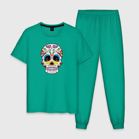 Мужская пижама хлопок с принтом Мексиканский череп - Skull , 100% хлопок | брюки и футболка прямого кроя, без карманов, на брюках мягкая резинка на поясе и по низу штанин
 | calavera | day of the dead | dia de los muertos | halloween | skull | sugar skull | готика | день мертвых | колдовство | мексиканский череп | мистика | подарок | сахарный череп | цветы | череп