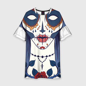 Детское платье 3D с принтом Мексиканский сахарный череп , 100% полиэстер | прямой силуэт, чуть расширенный к низу. Круглая горловина, на рукавах — воланы | day of the dead | dia de los muertos | gothic | halloween | skull | sugar skull | готика | день мертвых | женский череп | мексиканский череп | мистика | подарок | сахарный череп | хэллоуин