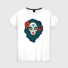 Женская футболка хлопок с принтом Мексиканский сахарный череп , 100% хлопок | прямой крой, круглый вырез горловины, длина до линии бедер, слегка спущенное плечо | day of the dead | dia de los muertos | gothic | halloween | skull | sugar skull | готика | день мертвых | женский череп | мексиканский череп | мистика | подарок | сахарный череп | хэллоуин