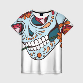 Женская футболка 3D с принтом Череп с цветами , 100% полиэфир ( синтетическое хлопкоподобное полотно) | прямой крой, круглый вырез горловины, длина до линии бедер | 8 марта | day of the dead | gothic | halloween | skull | sugar skull | день мертвых | женский череп | мексиканский череп | новый год | подарок | сахарный череп | хэллоуин | человек | череп девушки