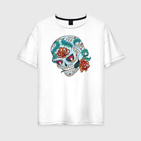 Женская футболка хлопок Oversize с принтом Череп с цветами , 100% хлопок | свободный крой, круглый ворот, спущенный рукав, длина до линии бедер
 | 8 марта | day of the dead | gothic | halloween | skull | sugar skull | день мертвых | женский череп | мексиканский череп | новый год | подарок | сахарный череп | хэллоуин | человек | череп девушки