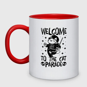 Кружка двухцветная с принтом Welcome to the cat parade , керамика | объем — 330 мл, диаметр — 80 мм. Цветная ручка и кайма сверху, в некоторых цветах — вся внутренняя часть | gerard way | mcr | my chemical romance | альтернативный | группа | джерард уэй | май кемикал романс | мкр | мой химический роман | мхр | мцр | панк | поп | поппанк | рок | рэй торо