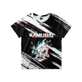 Детская футболка 3D с принтом Samurai | Glitch. , 100% гипоаллергенный полиэфир | прямой крой, круглый вырез горловины, длина до линии бедер, чуть спущенное плечо, ткань немного тянется | cbp | cyberpunk 2077 | glitch | samurai | глитч | игра | киберпанк 2077 | самурай