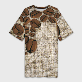 Платье-футболка 3D с принтом Кофейные зёрна (вышивка) ,  |  | brown | coffee | coffee beans | drink. | embroidery | grains | вышивка | зёрна | коричневый | кофе | кофейные зёрна | напитки | напиток