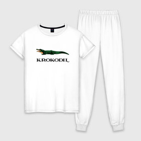 Женская пижама хлопок с принтом KROKODIL а не crocodile! , 100% хлопок | брюки и футболка прямого кроя, без карманов, на брюках мягкая резинка на поясе и по низу штанин | krokodil | lacoste | антибренд | антибрэнд | бренд | брэнд | крокодил | лакост | лакоста | мода | фирма