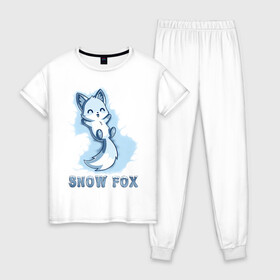 Женская пижама хлопок с принтом Snow fox , 100% хлопок | брюки и футболка прямого кроя, без карманов, на брюках мягкая резинка на поясе и по низу штанин | fox | snow | лис | лиса | лисёнок | лисичка | снег