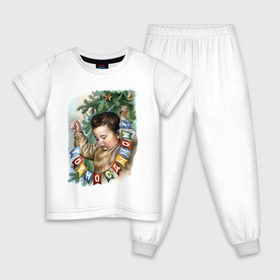 Детская пижама хлопок с принтом Говно с дымом , 100% хлопок |  брюки и футболка прямого кроя, без карманов, на брюках мягкая резинка на поясе и по низу штанин
 | буквы | гирлянда | дым | ёлка | мальчик | новый год | флажки