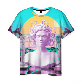 Мужская футболка 3D с принтом Медуза Горгона , 100% полиэфир | прямой крой, круглый вырез горловины, длина до линии бедер | vaporwave | медуза горгона | неон | пальмы | скульптура | существо