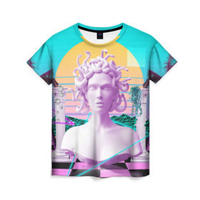 Женская футболка 3D с принтом Медуза Горгона , 100% полиэфир ( синтетическое хлопкоподобное полотно) | прямой крой, круглый вырез горловины, длина до линии бедер | vaporwave | медуза горгона | неон | пальмы | скульптура | существо