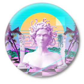 Значок с принтом Медуза Горгона ,  металл | круглая форма, металлическая застежка в виде булавки | vaporwave | медуза горгона | неон | пальмы | скульптура | существо